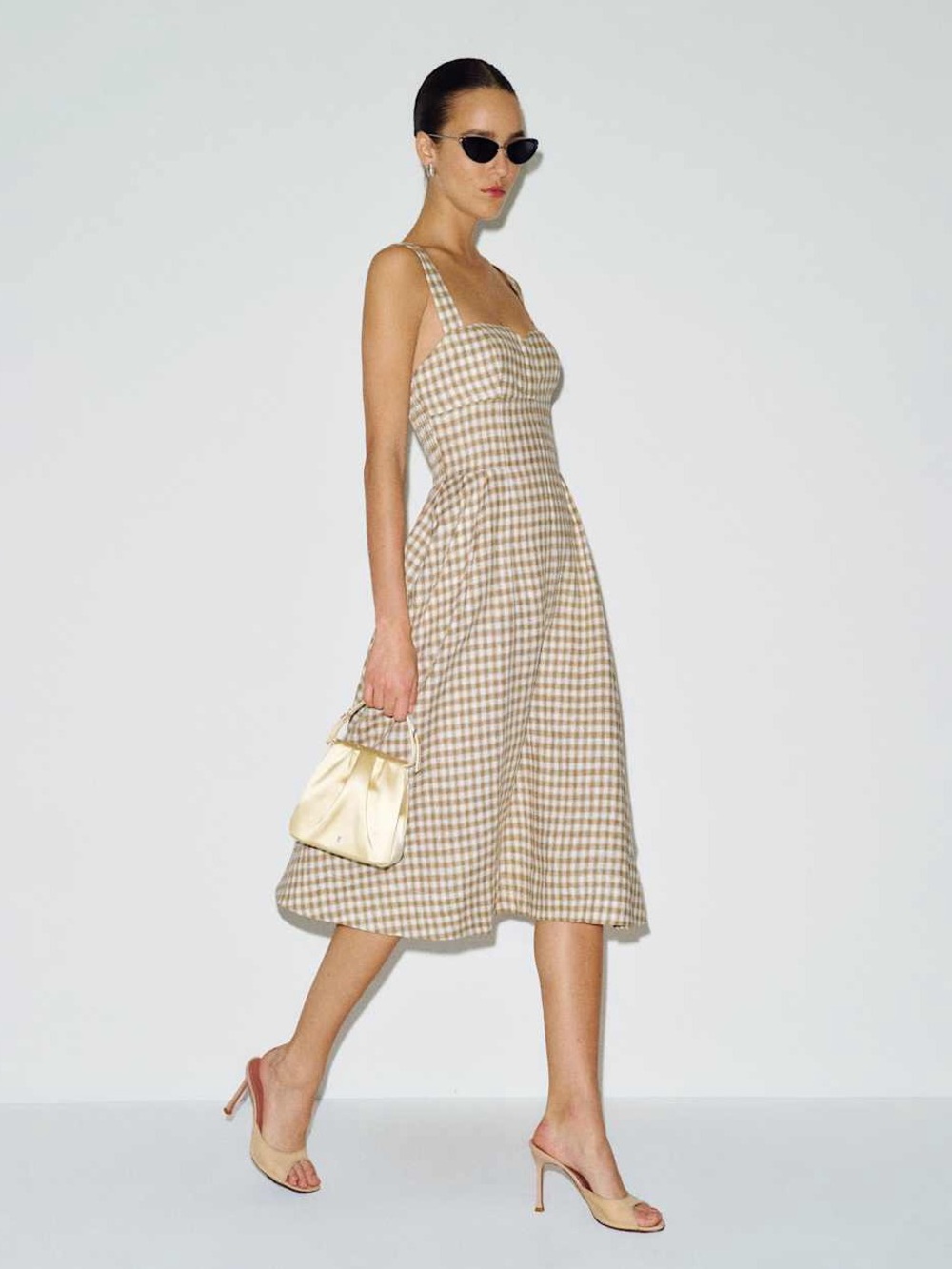 NEW Reformation Roma Midi Linen Dress Dunes Check Gingham Tan White Size 4 - Picture 1 of 15